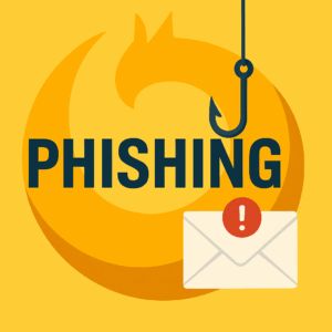 Phishing-illustration med BestSecuritys logo i baggrunden, der viser en krog, der fanger et e-mail-ikon markeret med en advarsel.