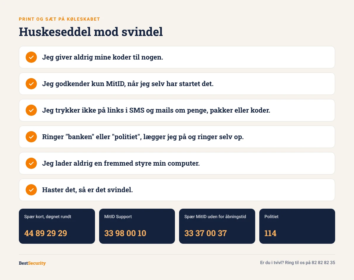 Huskeseddel mod svindel med seks regler og telefonnumre til spærring af kort og MitID og til politiet