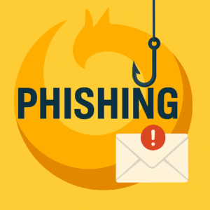 Phishing-illustration med BestSecuritys logo i baggrunden, der viser en krog, der fanger et e-mail-ikon markeret med en advarsel.